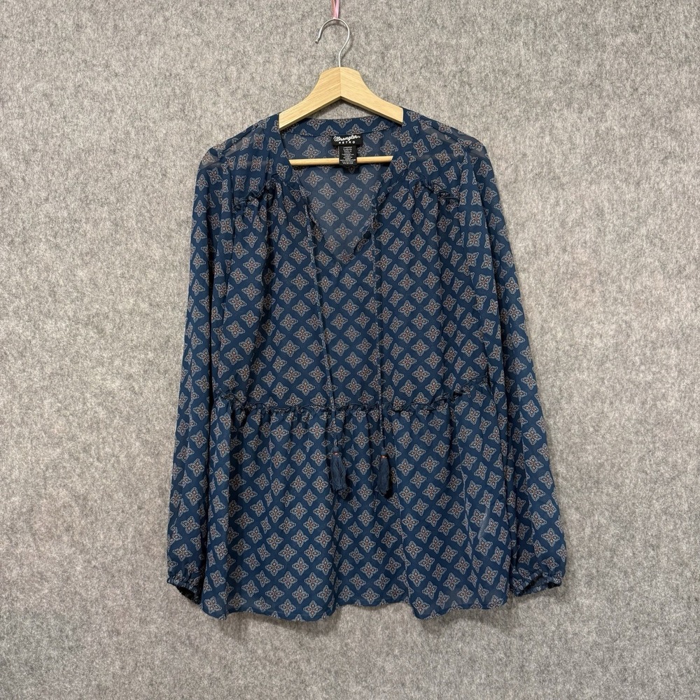 Wrangler Retro Boho Peasant Blouse Women's Large Blue Print Long Sleeve Top